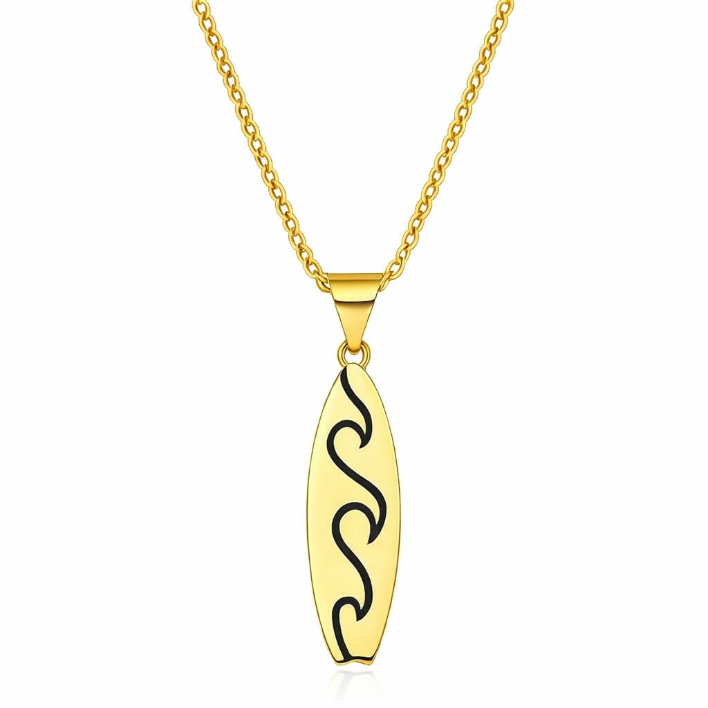 SUPAC Gold Surfboard Wave Pendant Necklace, 16.5 inch Chain with 2 inch Extension, Wave Design