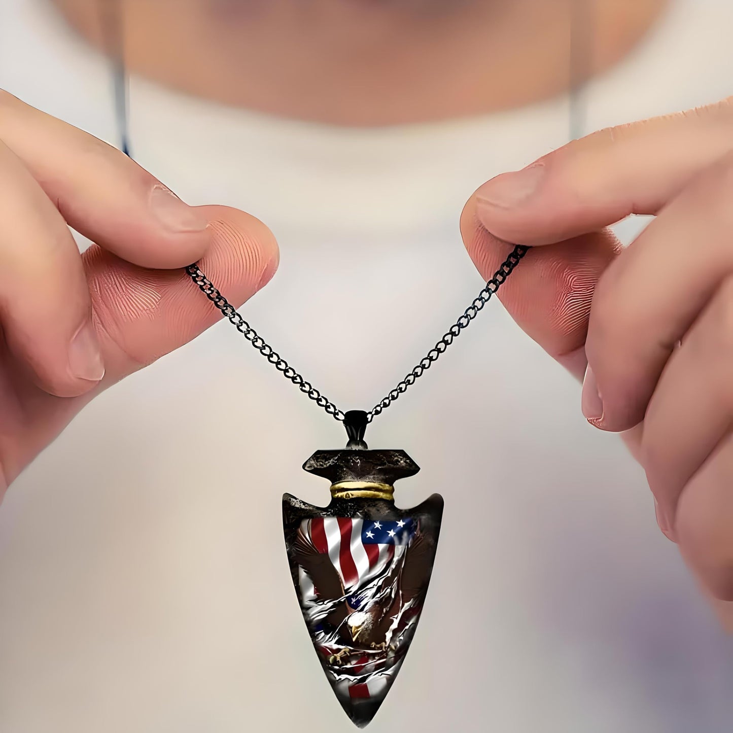 Battle Bald Eagle Stars and Stripes Pattern Necklace, Spear Shaped Triangle Pendant Arrowhead, Halloween, Christmas or Birthday Gift