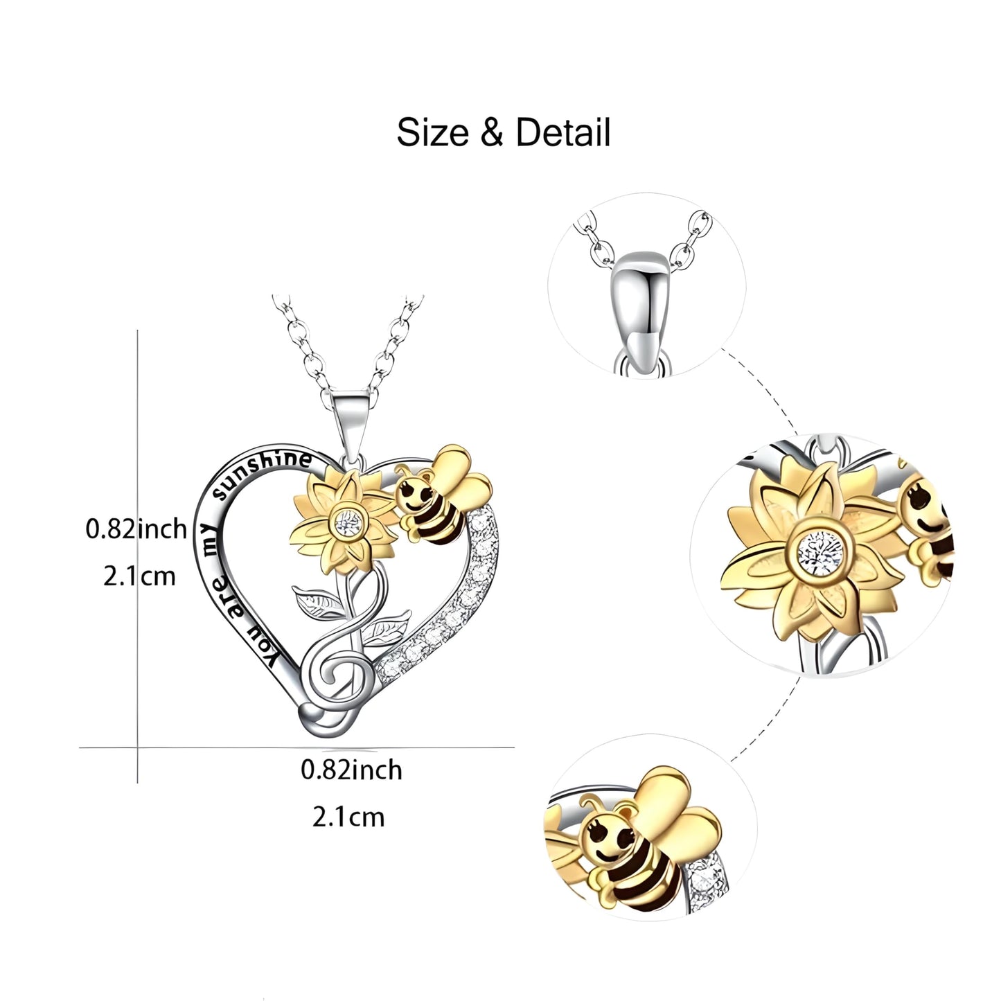 Bee and Sunflower Jewelry Set with Heart Necklace, Bracelet, Ring and Earrings, Two-Tone Silver and Gold
