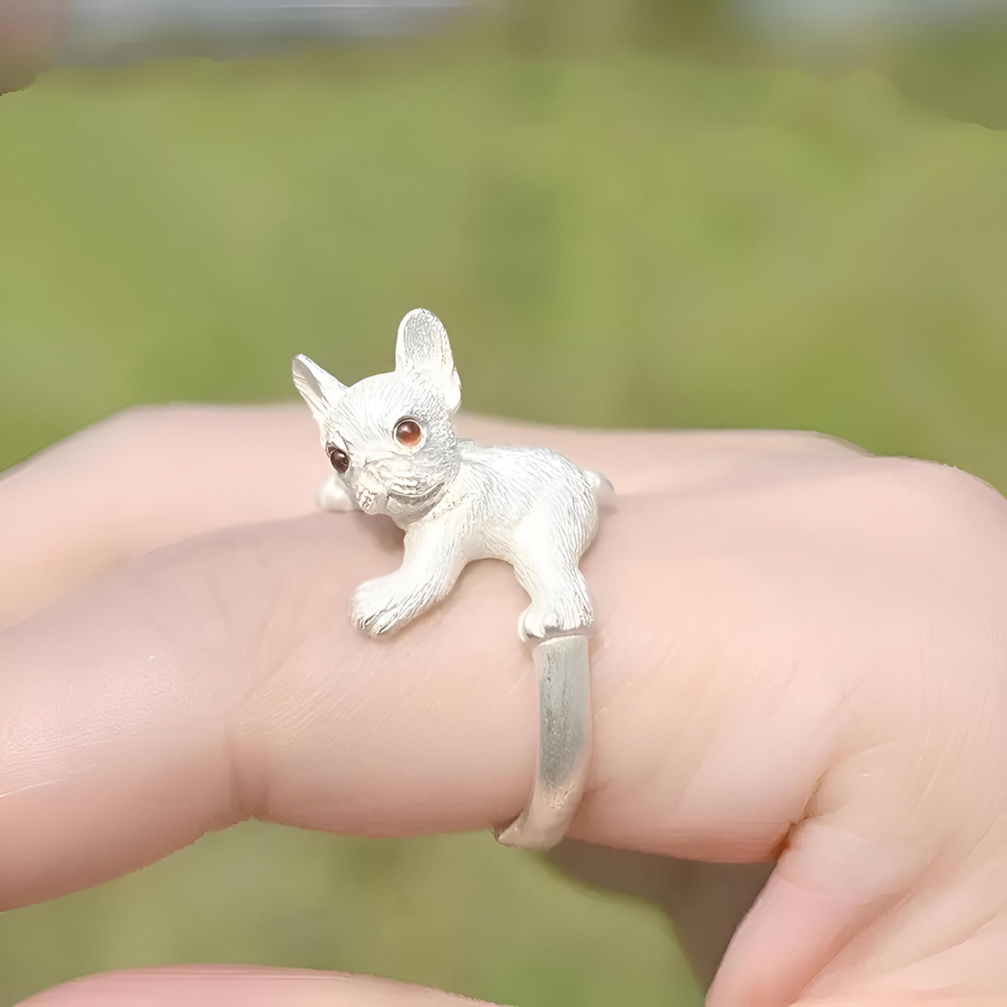 SUPAC Adjustable Silver Dog Ring, Westie Terrier and Bulldog Design, Fashion Jewelry (Silver w/red eyes)