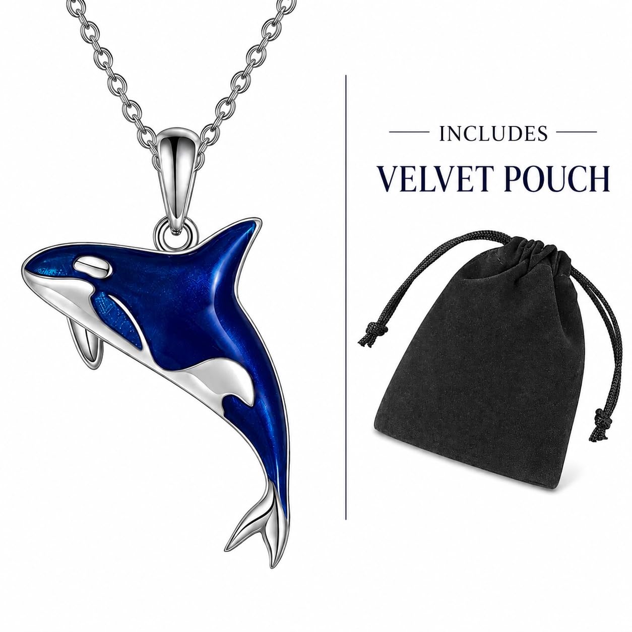 SUPAC Stainless Steel Silver Killer Whale Orca Whale Pendant Necklace, Black and Silver, Shamu Gift