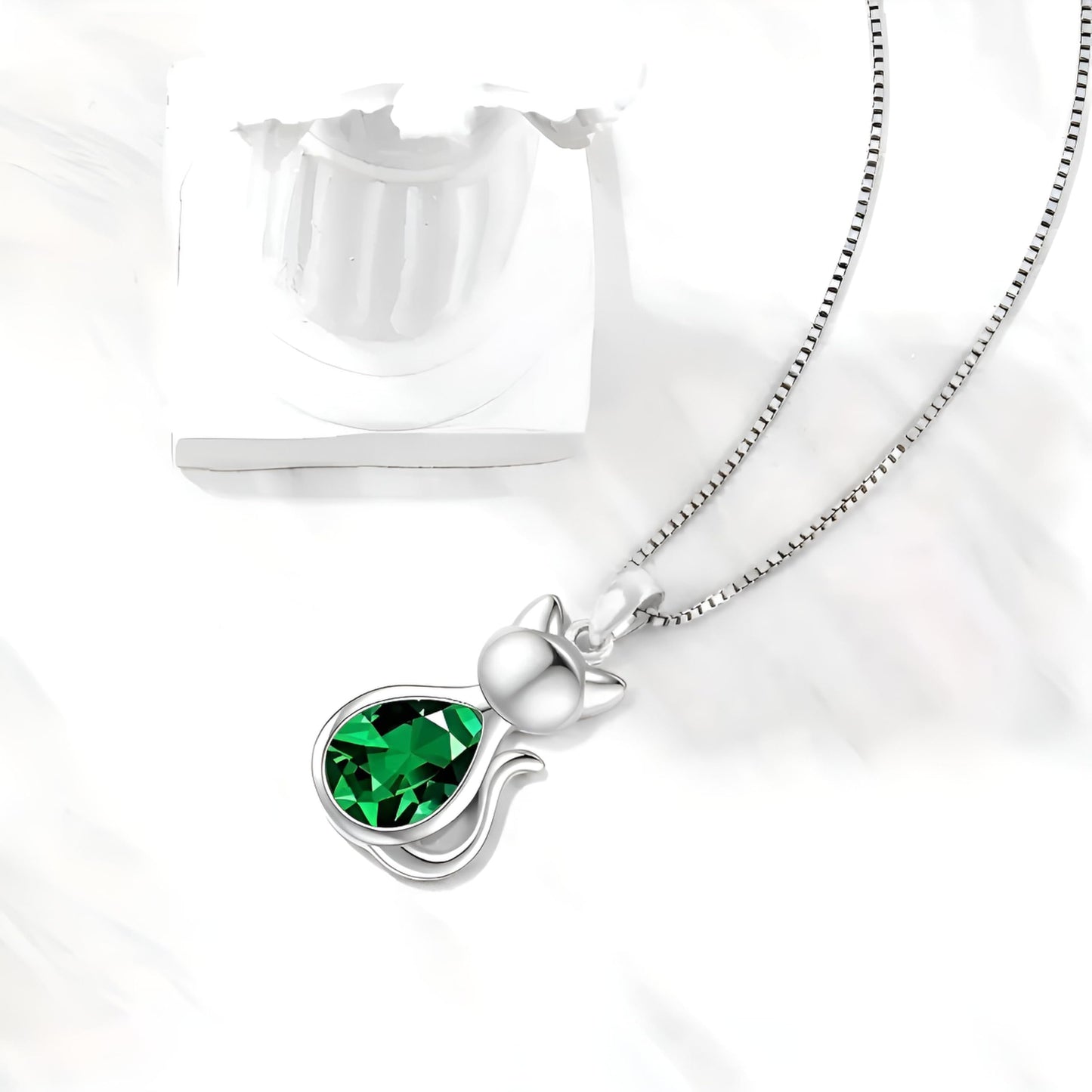 Crystal Cat Pendant Necklace, Silver Chain with Sleeping Cat Design, 17.7 inch Length
