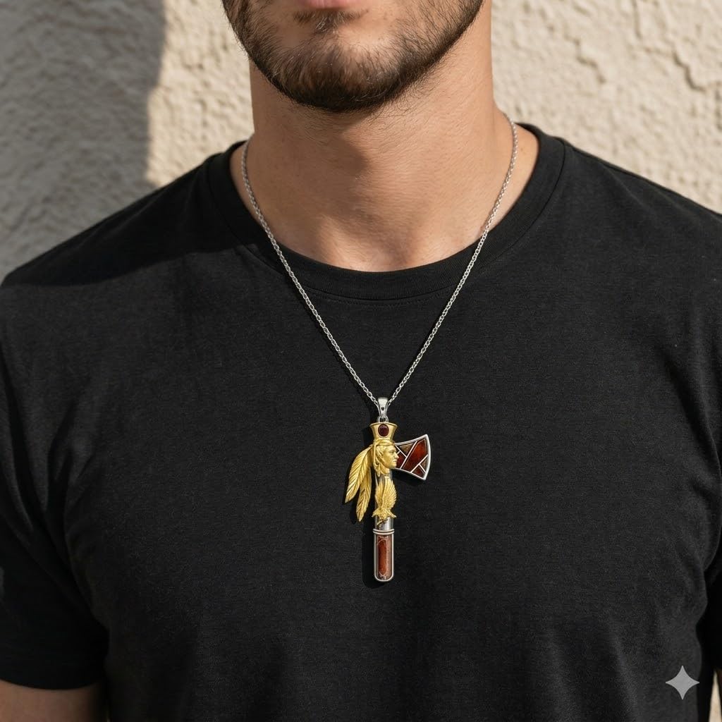 Indian Axe Pendant Necklace, Native American Wolf Design, Stainless Steel Chain