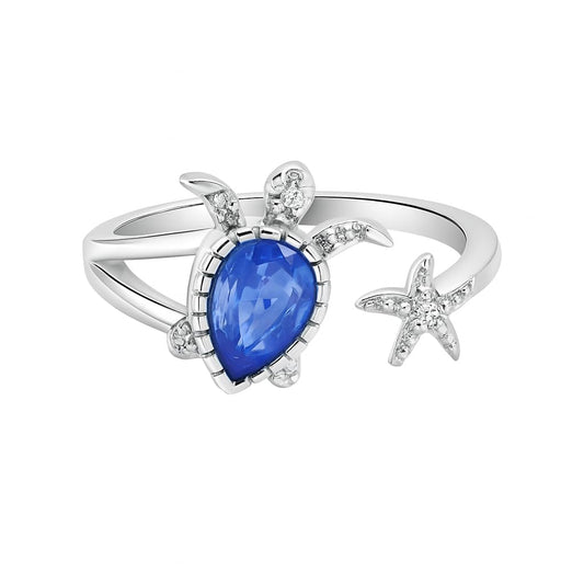 SUPAC Stainless Steel Blue Crystal Turtle Ring, Adjustable Size - Turtle Lovers' Gift