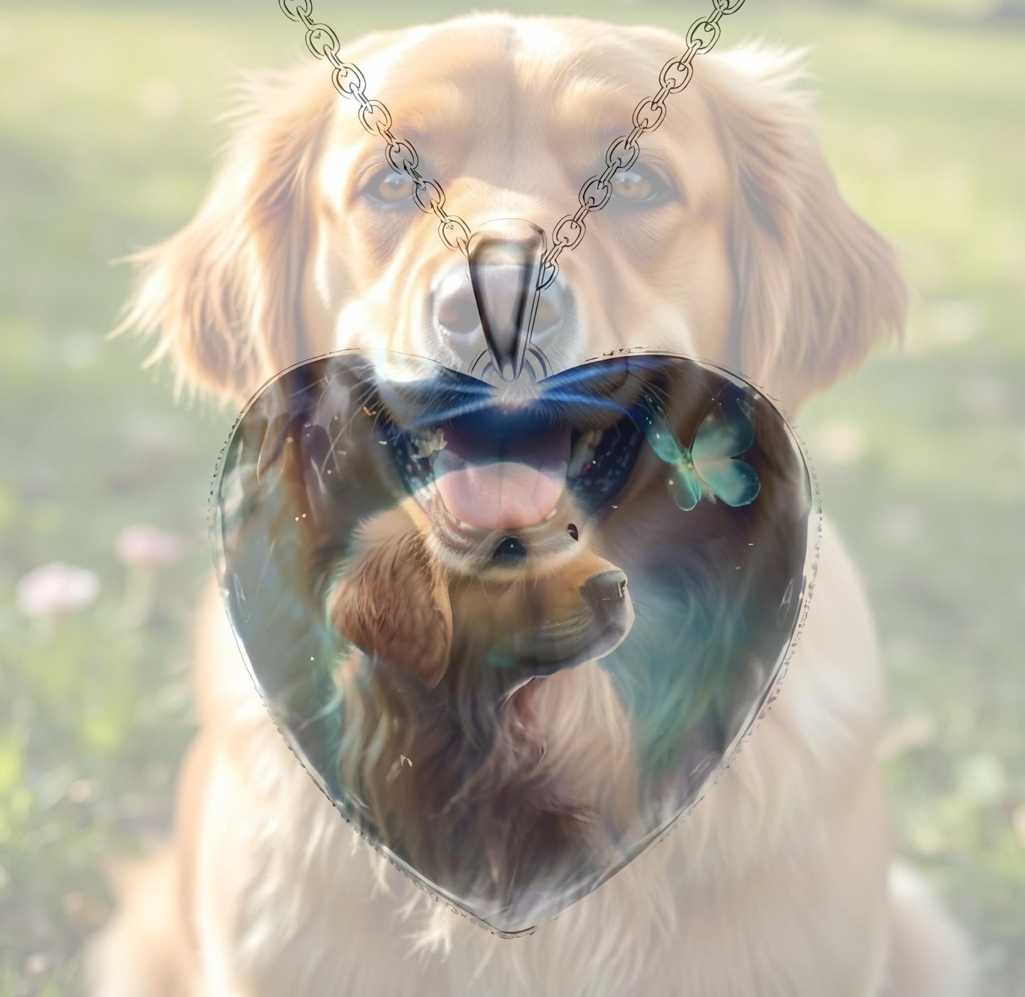 Heart-Shaped Pendant Necklace with Different Animals - Panda, Horse, Deer, Cat, Elephant, Dog Scenic Views, Stainless Steel Necklace with Glass Pendant - Christmas, Holiday, or Birthday Gift (Golden Retriver Puppy)