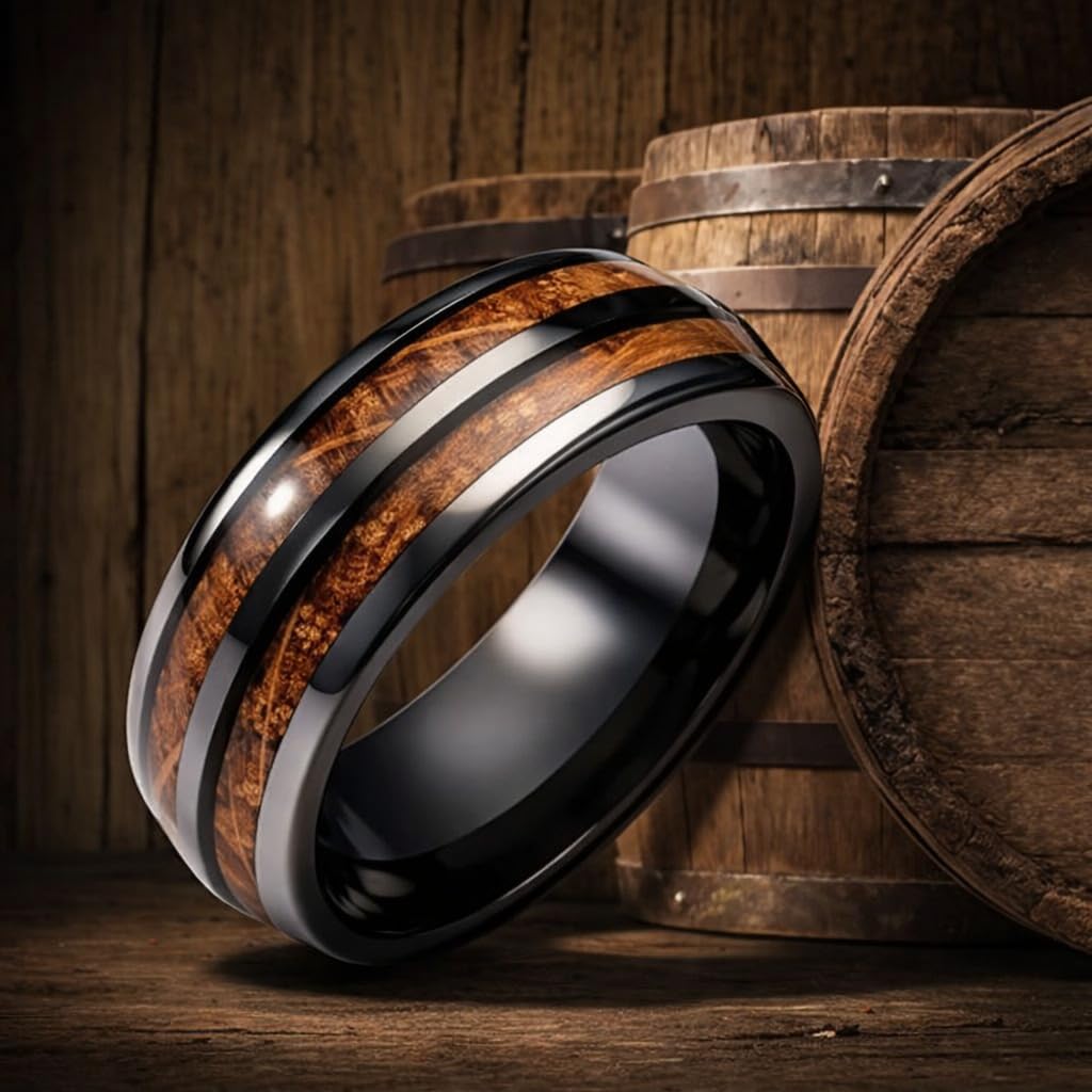 SUPAC 1pc Men's Trendy Stainless Steel Gray Whiskey Barrel Wooden Inlaid Wedding Ring - Suitable For Any Commitment Or Engagement size 7-13 (9)