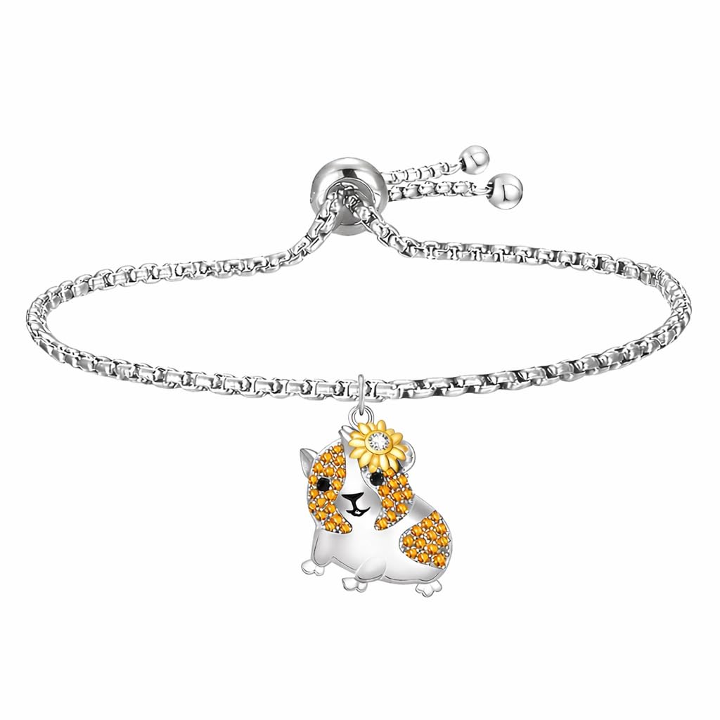 SUPAC Guinea Pig Hampster Charm Bracelet, Silver-Plated 316L Stainless Steel, Adjustable Bolo Style with Orange Cubic Zirconia, Hypoallergenic