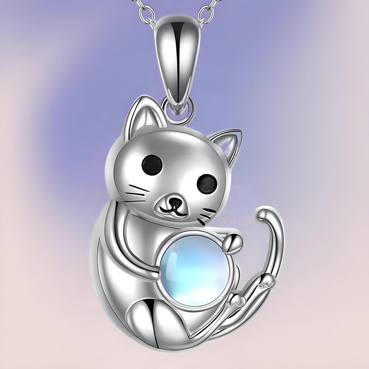 Winking Cat Pendant Necklace Playing With Blue Ball, Sterling Silver Chain, Moonstone Ball Charm - Animal Lovers' Gift (Sitting Cat)