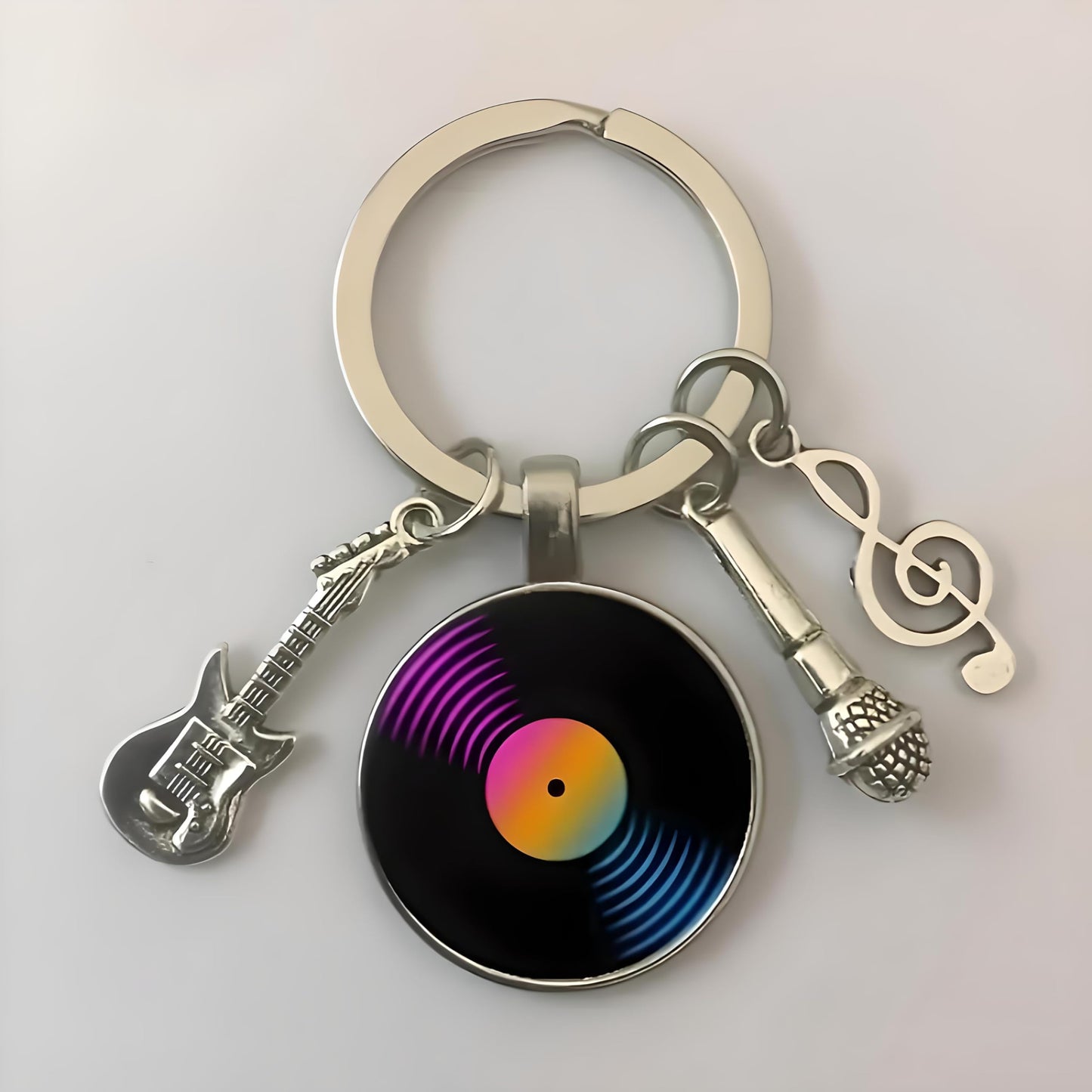 SUPAC Music Lover Keychain with Vinyl Record, Guitar, Microphone and Musical Note Charms, Music Gifts, 5 Different Color Options (Rainbow Vinyl)