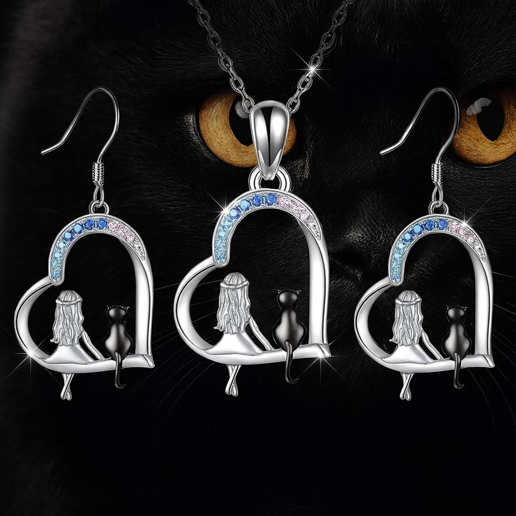 SUPAC Crystal Cat and Moon Jewelry Set, Stainless Steel Pendant Necklace with Blue and Pink Crystals, Rose Gold Cat Design, 3 Piece Set with Earrings, 0.90 Inch Width