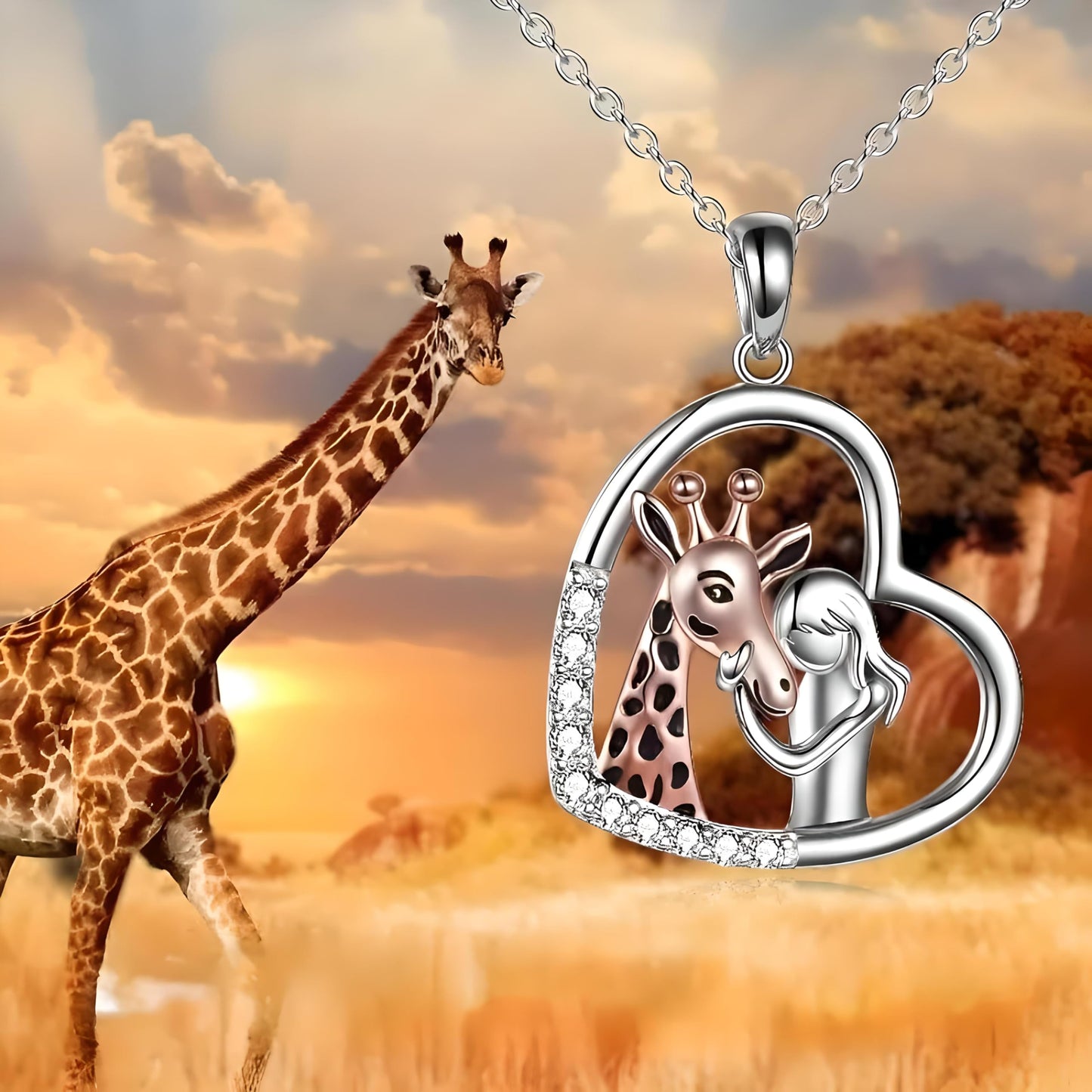 Sterling Silver Giraffe Heart Pendant Necklace with Crystals