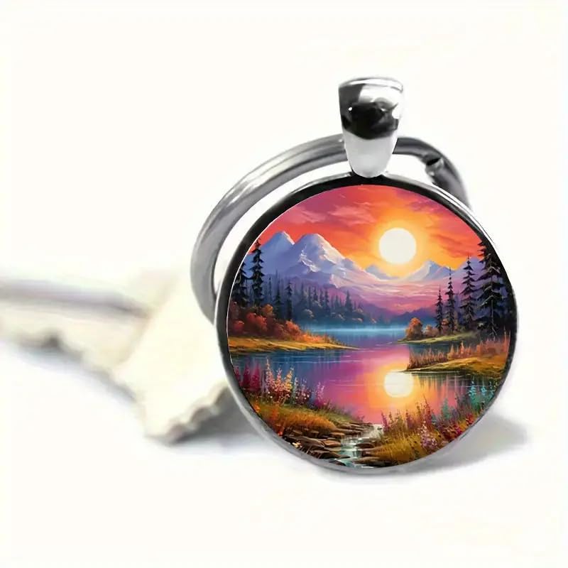 Mountain Sunset Stained Glass Art Keychain, Nature Scene Design, Round Pendant (Sunset Forest)