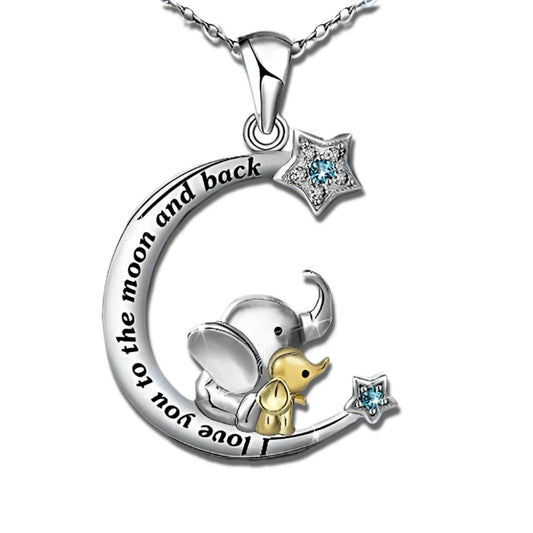 Moon and Stars Elephant Pendant Necklace, Silver Chain with Blue Crystal Stars - Elephant Lover's Gift