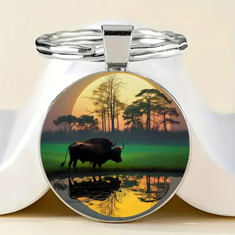 SUPAC Mountain Sunset Stained Glass Art Keychain, Nature Scene Design, Round Pendant (Buffalo Sunset)