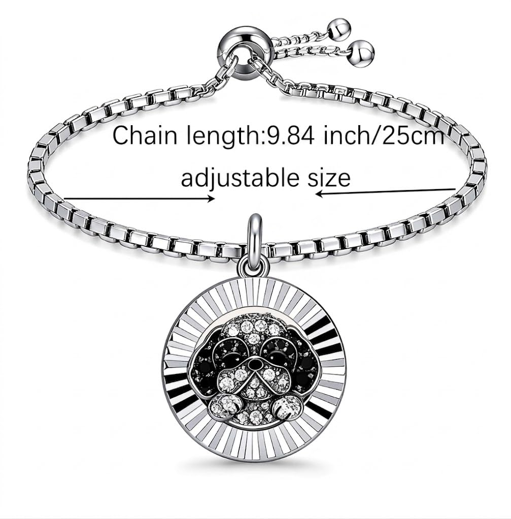 SUPAC Shih Tzu Charm Bracelet, Stainless Steel with Silver Plating, Adjustable Box Chain, Round Dog Pendant with Black & Clear Stones
