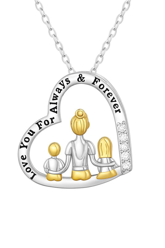 SUPAC Heart-Shaped Family Necklace with Crystal Accents, Mother and Daughter Pendant Gift, Silver and Gold-Tone, 'I Love You Always & Forever' Message