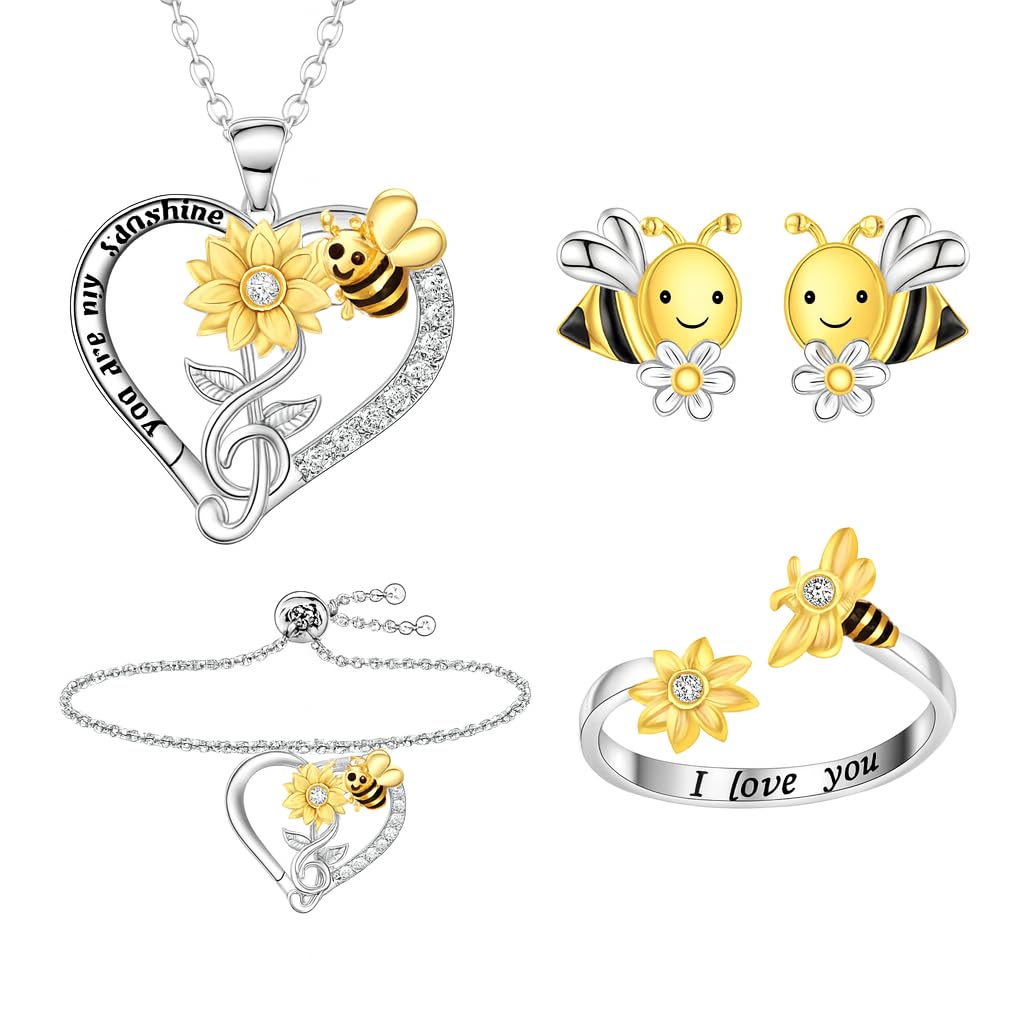 SUPAC Bee and Sunflower Jewelry Set with Heart Necklace, Bracelet, Ring and Earrings, Two-Tone Silver and Gold