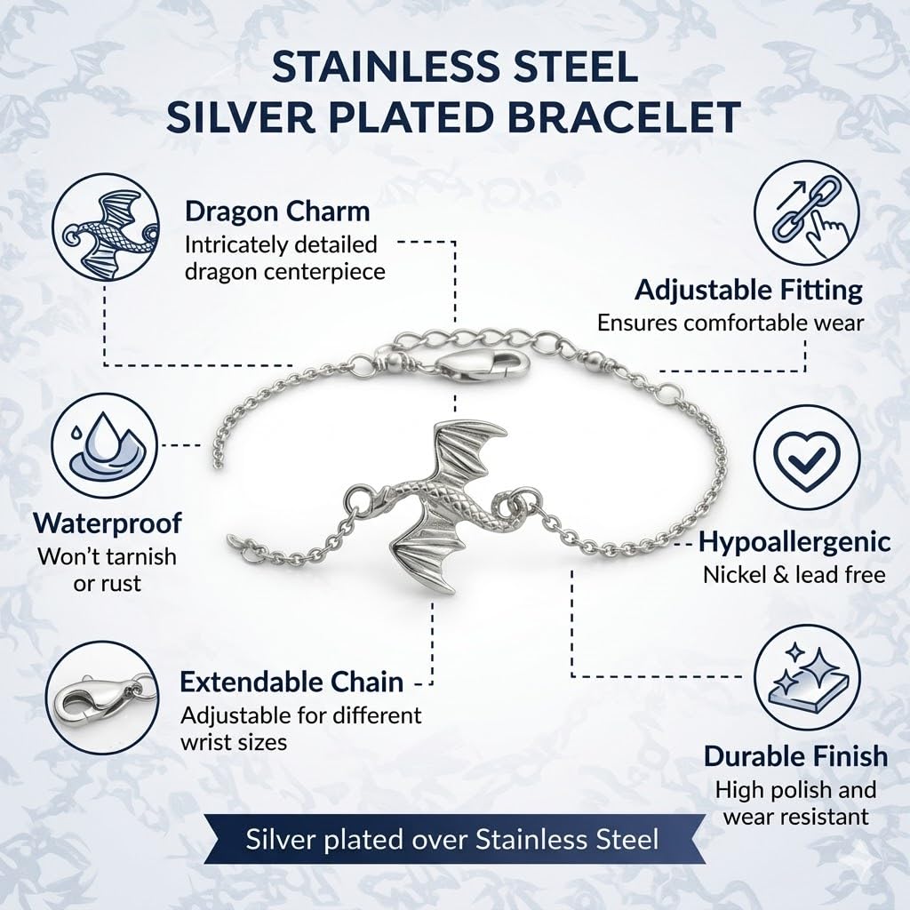 SUPAC Dragon Charm Bracelet, Silver Plated Stainless Steel, Adjustable Chain, Hypoallergenic, Waterproof, 9.84 in + 1.97 in Extender