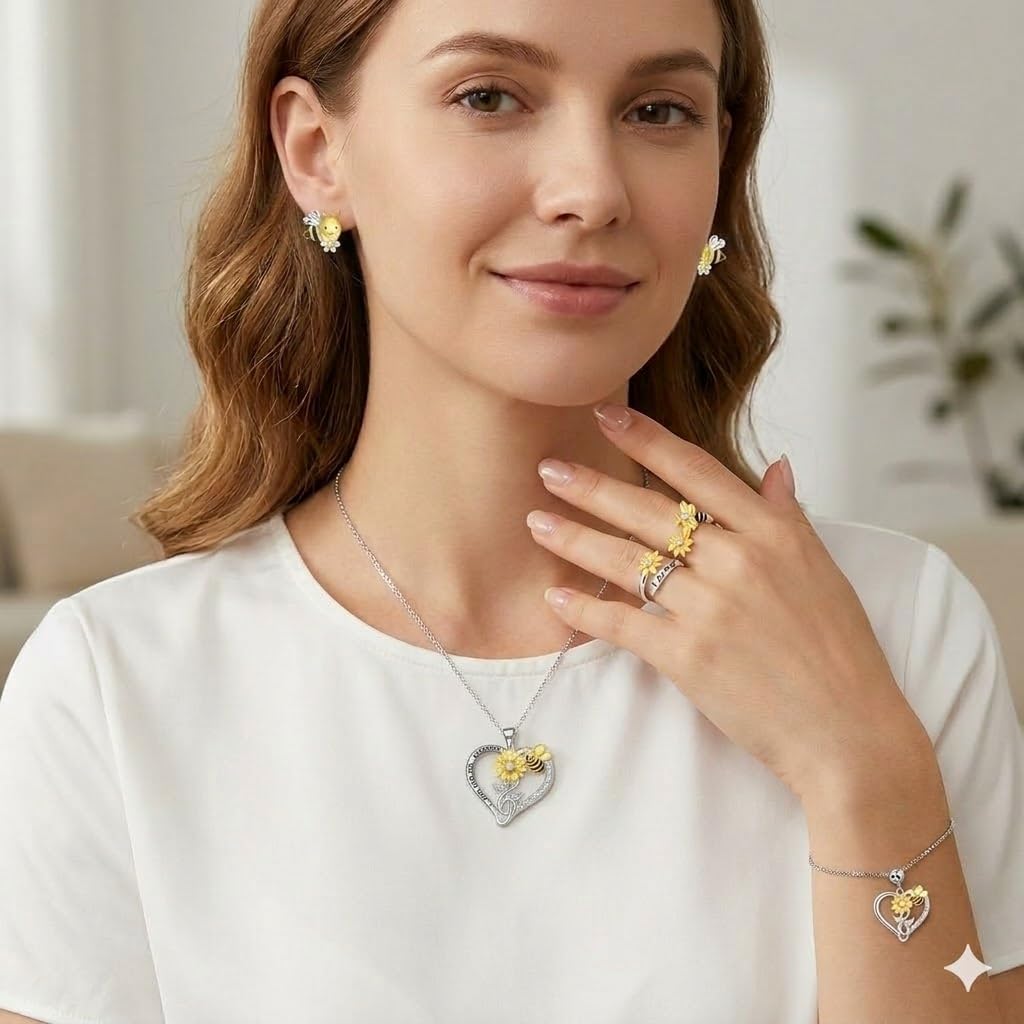 SUPAC Bee and Sunflower Jewelry Set with Heart Necklace, Bracelet, Ring and Earrings, Two-Tone Silver and Gold