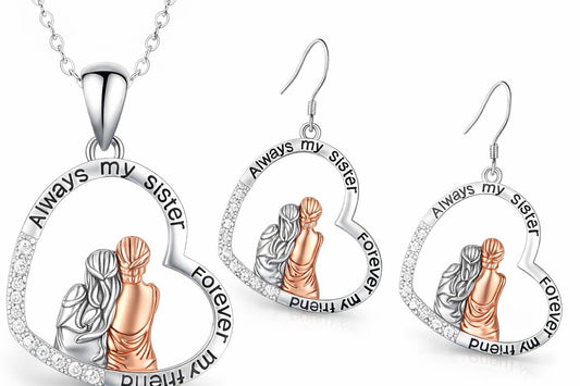 3PCS Sister Love Heart Pendant Necklace Set, Fashion Alloy, One necklace with Two Earings- White Gold Plated Jewelry for Women – "Always my sister, Forever my friend" -Ideal Birthday, Christmas, Party Gift