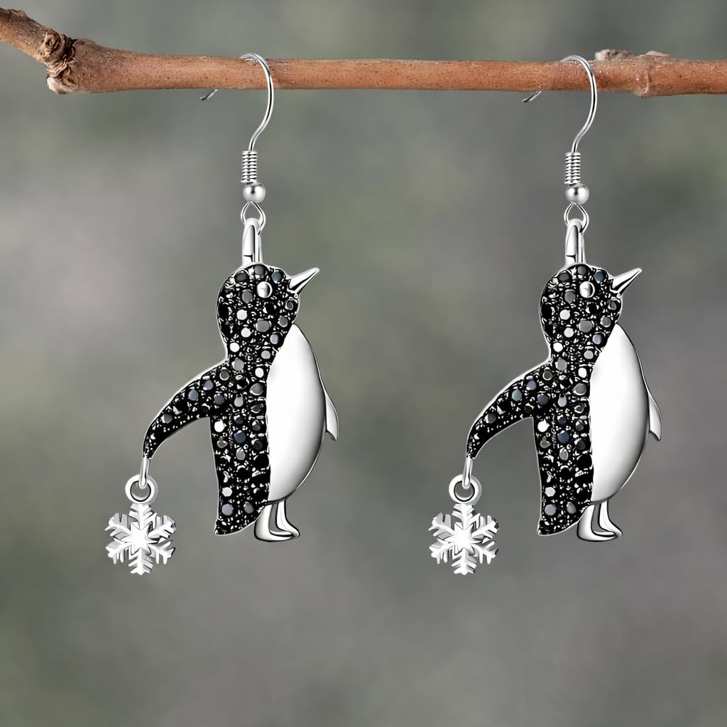 SUPAC Crystal Penguin Jewelry Set, Silver Necklace and Earrings with Snowflake Charm, Black - Gift for Penguin Lovers