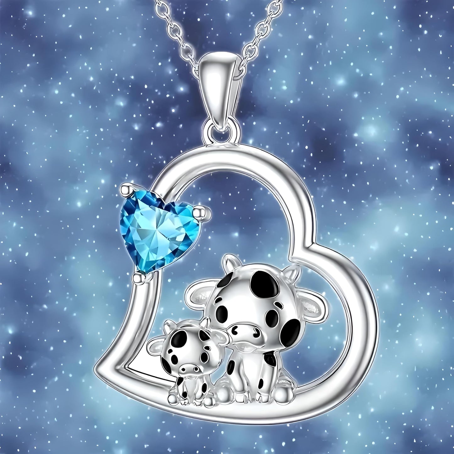 Blue Heart Shaped Mother and her Calf Cow Pendant Necklace for Women - Mother's Day Gift, Christmas, or Birthday Gift