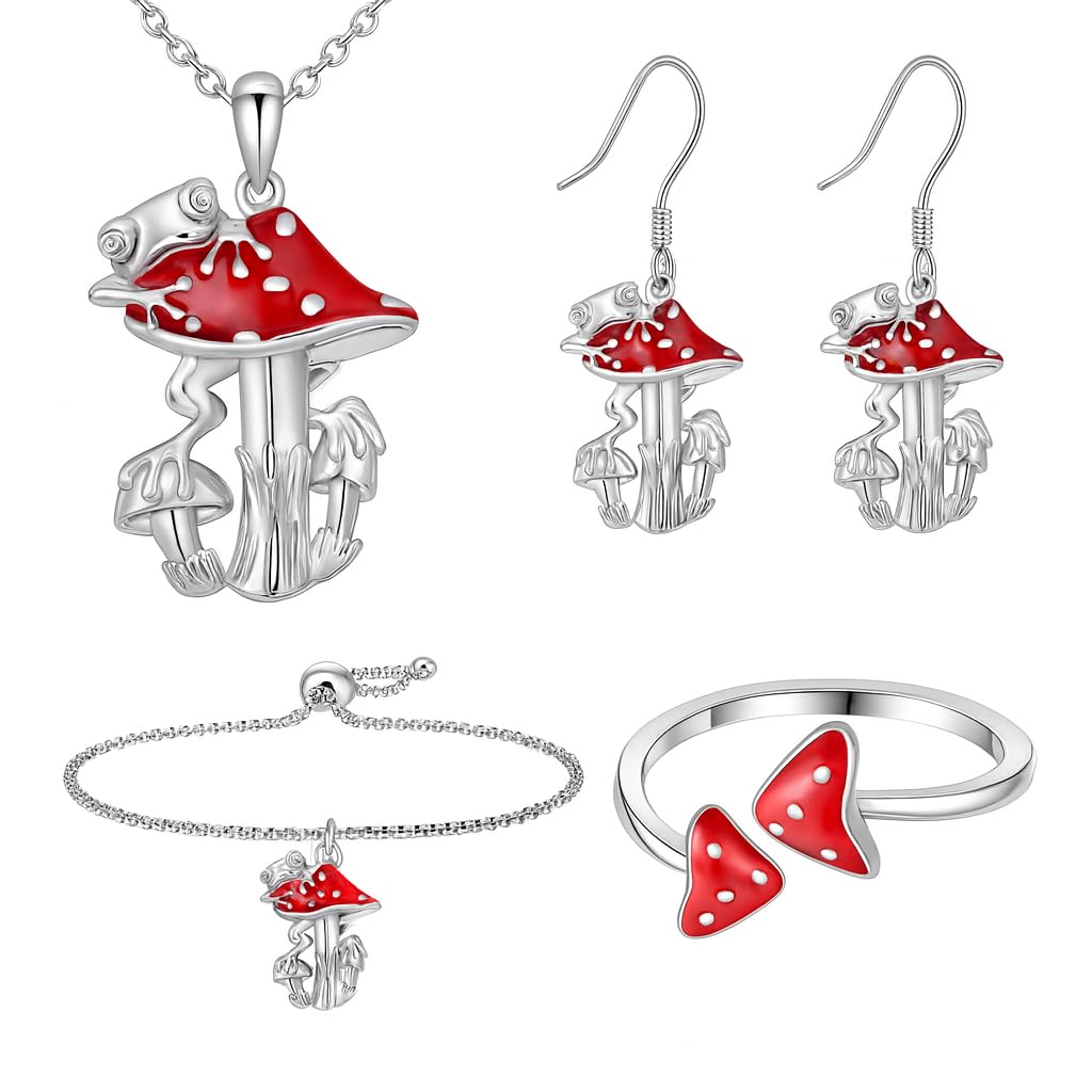 SUPAC Red Mushroom Jewelry Set, Stainless Steel Necklace, Bracelet, Ring and Earrings, 9.84 inch Chain