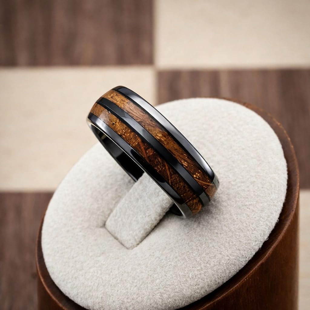 SUPAC 1pc Men's Trendy Stainless Steel Gray Whiskey Barrel Wooden Inlaid Wedding Ring - Suitable For Any Commitment Or Engagement size 7-13 (7), Brown, Black