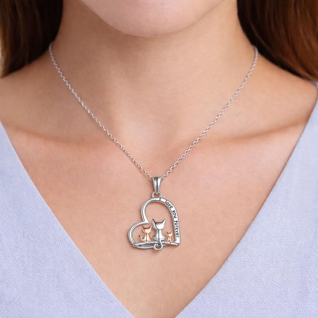 SUPAC Cute Cat Heart Necklace, Sitting Together - Charming Heart Necklace in Rose Gold - Stylish Versatile Gift for Women & Party Accessory! (3 CATS)