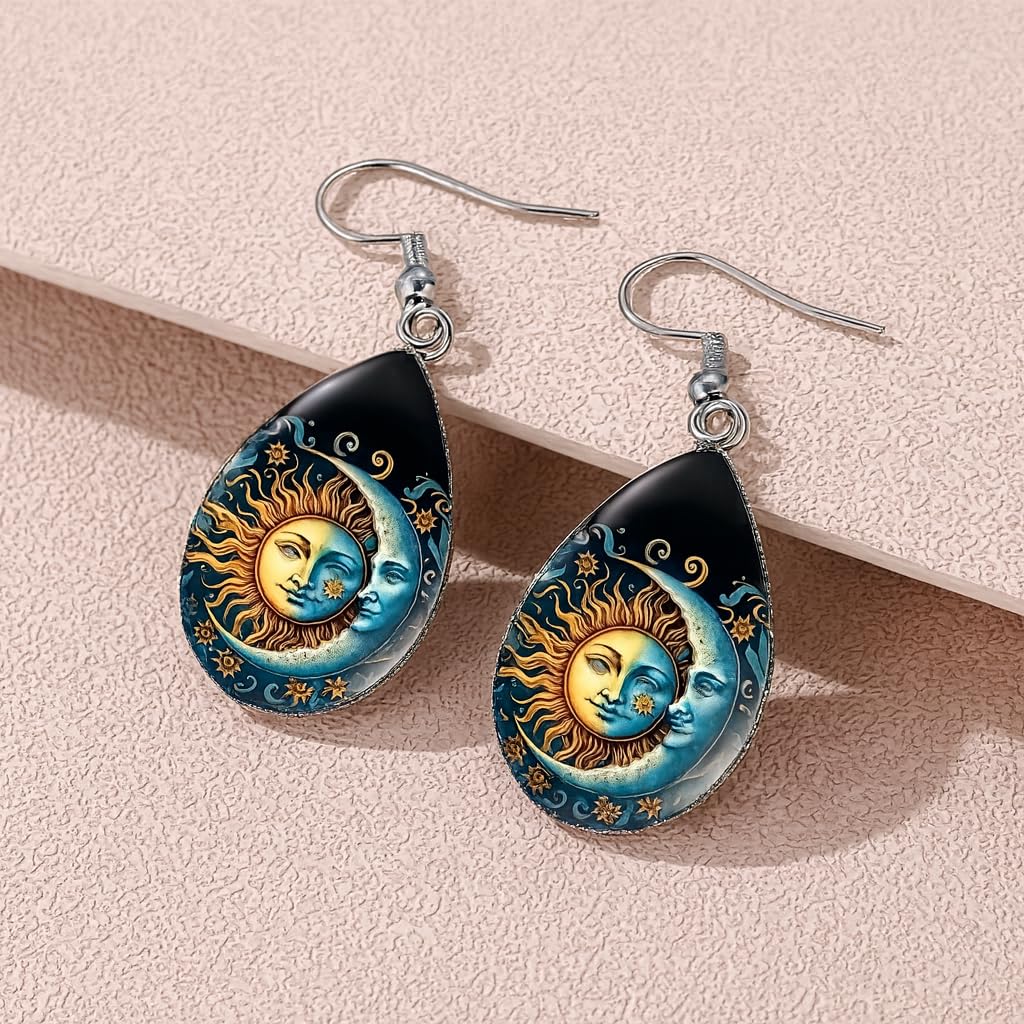 Celestial Sun and Moon Dangle Earrings, Mystical Design, Silver Hook, Teardrop and Rectangle Shapes, Decorative Jewelry Set - Oil Painting Style Glass Mosaic