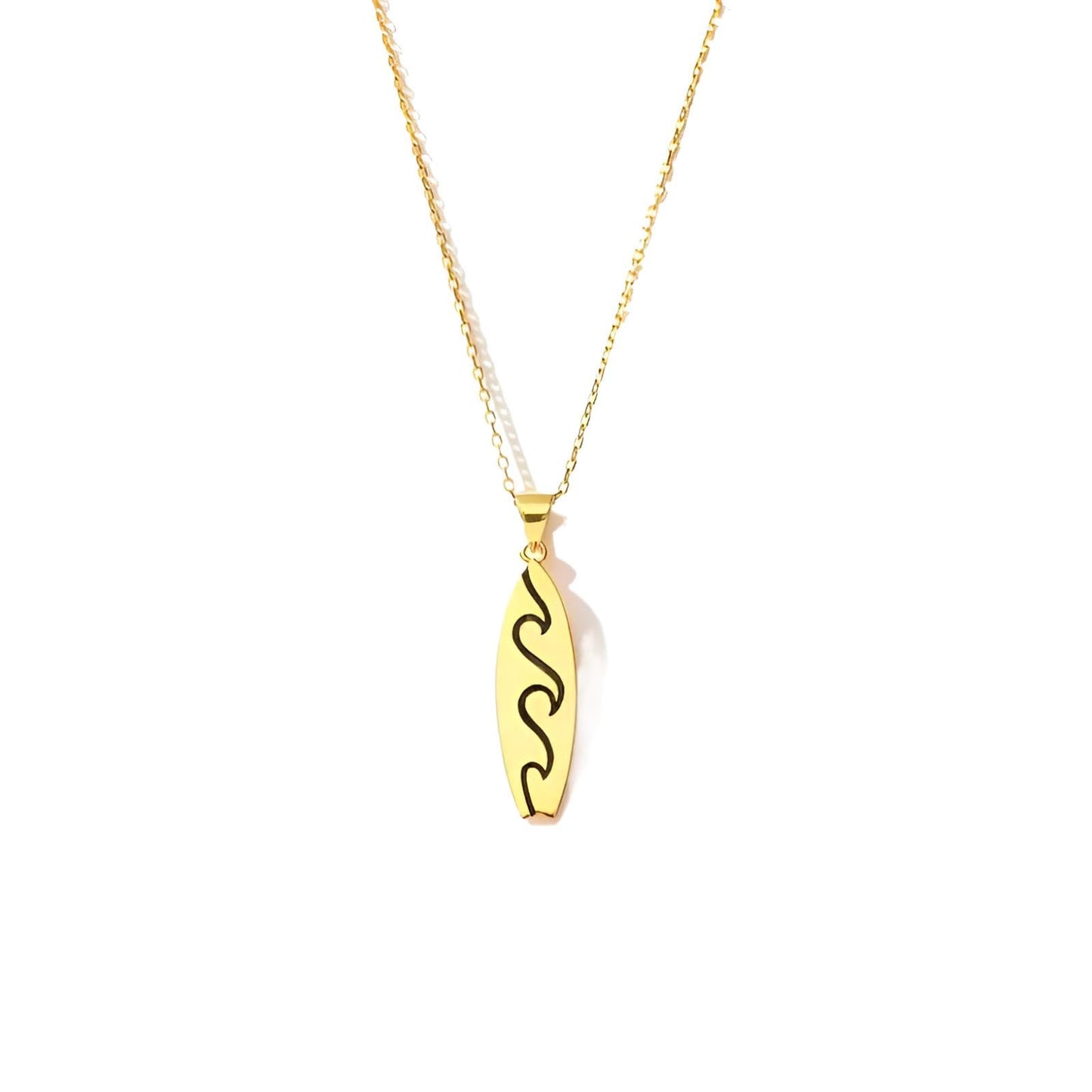 SUPAC Gold Surfboard Wave Pendant Necklace, 16.5 inch Chain with 2 inch Extension, Wave Design