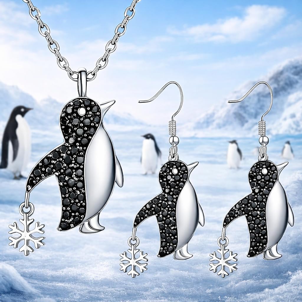 SUPAC Crystal Penguin Jewelry Set, Silver Necklace and Earrings with Snowflake Charm, Black - Gift for Penguin Lovers