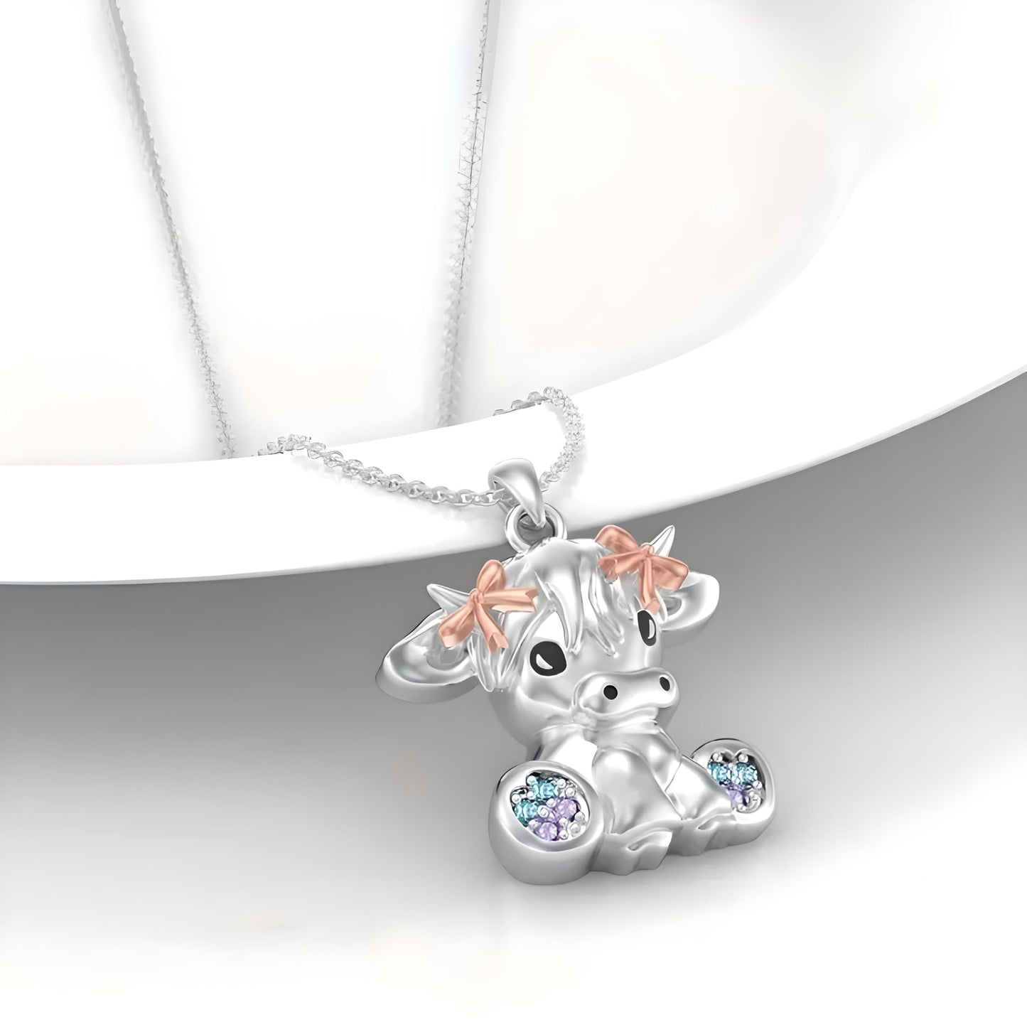 Stainless Steel Cow Pendant Necklace, Crystal Accents, Rose Gold Bows, 17.6 inch Chain