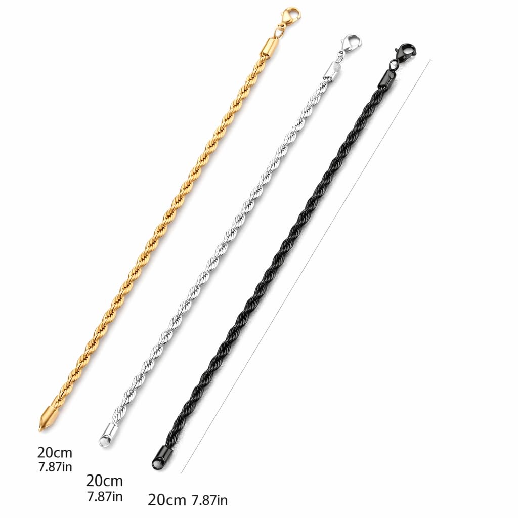 3PCS Stainless Steel Bracelets for Men Gold, Silver, Black Bracelet Twisted Cable Mens Luxury Jewelry Bracelets Gifts