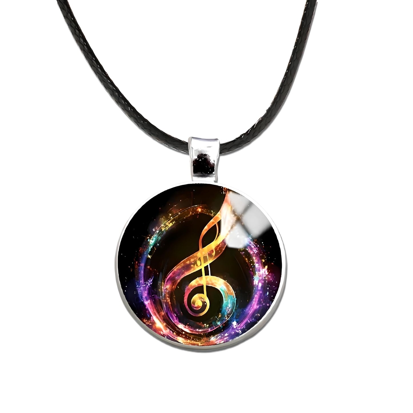 SUPAC Musical Note Pendant Necklace, Black Leather Cord, Eighth Note, Treble Clef, 17.7 Inch Chain with 2 Inch Extension