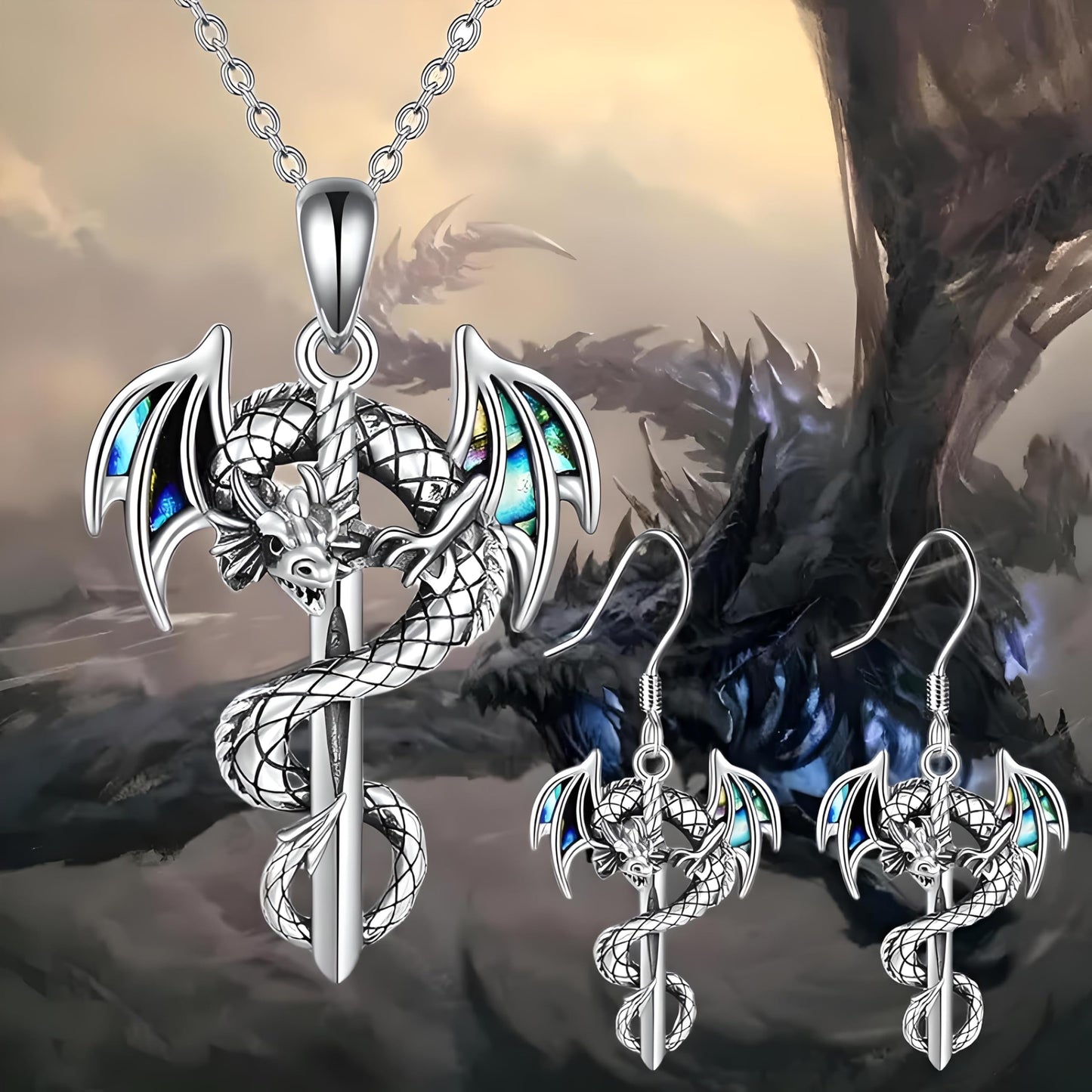 SUPAC Dragon Sword Jewelry Set, Silver Pendant Necklace and Earrings with Iridescent Wings, Gothic Fantasy Design