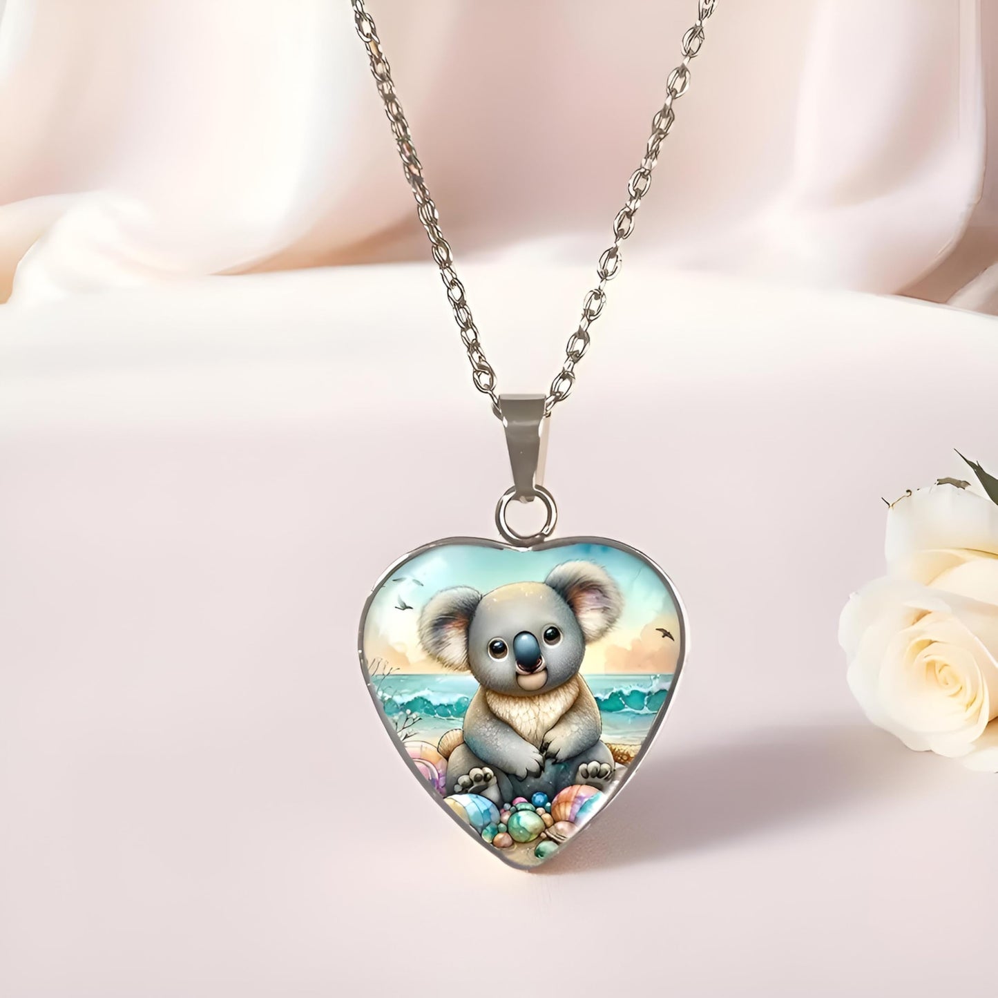 SUPAC Heart-Shaped Koala Beach Scene Pendant Necklace, Silver Chain, 0.79 inch Width