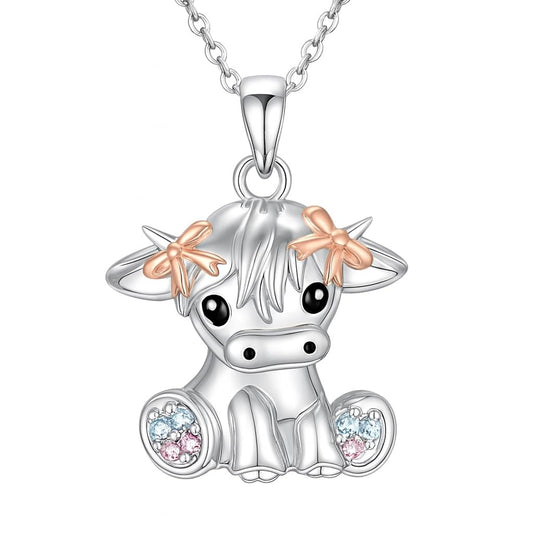 SUPAC Stainless Steel Cow Pendant Necklace, Crystal Accents, Rose Gold Bows, 17.6 inch Chain