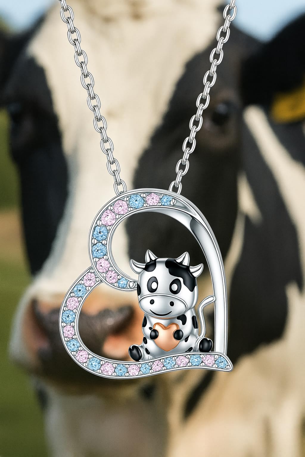 Blue Heart Shaped Mother and her Calf Cow Pendant Necklace for Women - Mother's Day Gift, Christmas, or Birthday Gift