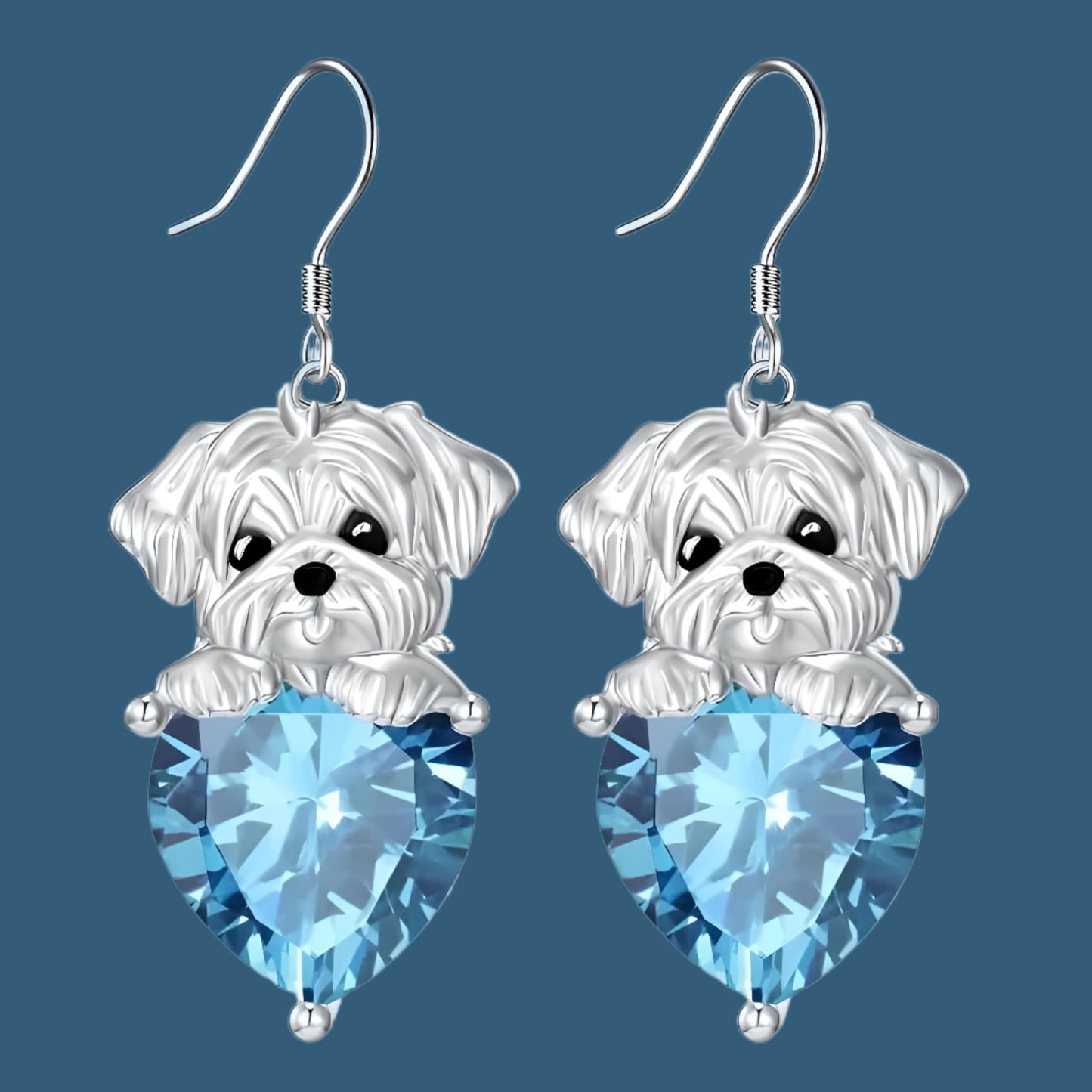 Decorative Dog Dangle Earrings, Blue Crystal Heart, Silver Shih Tzu Design