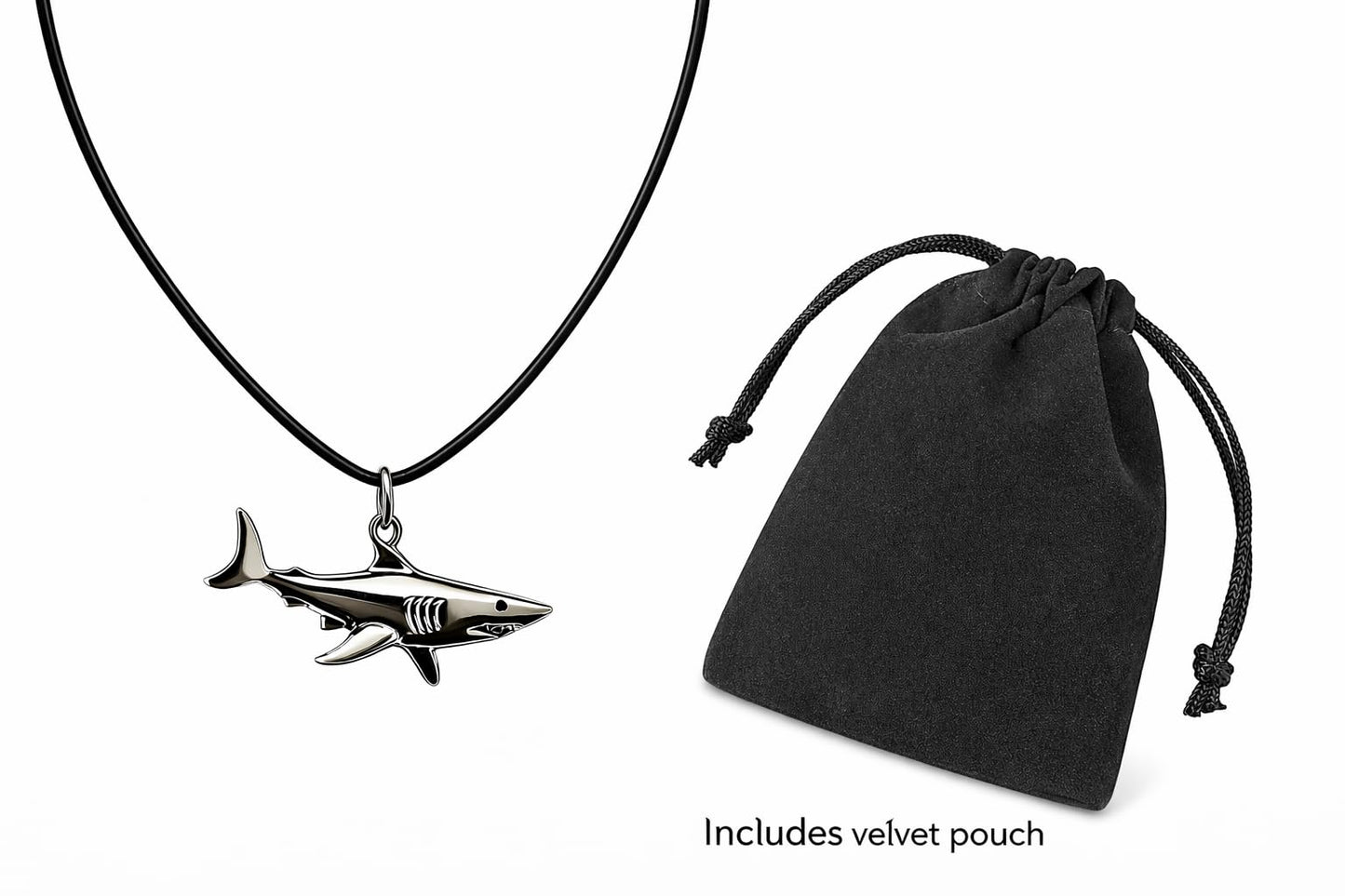 SUPAC Silver Shark Pendant Necklace, Black Cord, 17.7 inch Chain with 1.9 inch Extender