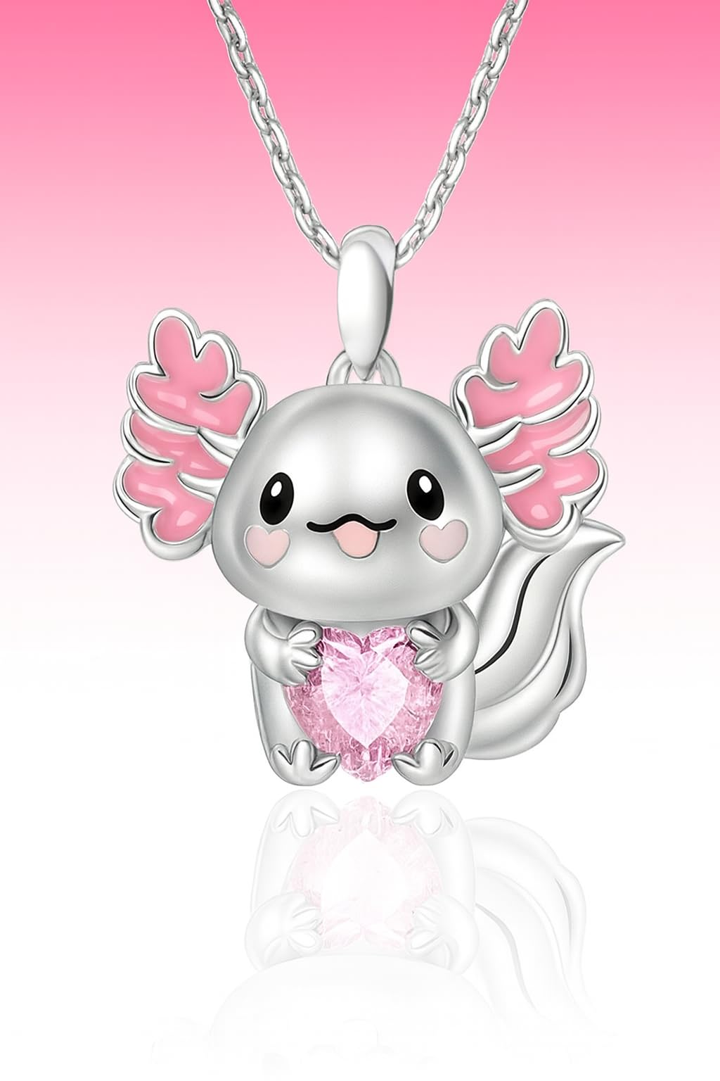 SUPAC Cute Axolotl Pendant Necklace, 19.7 inch Chain, Crystal Heart Design, 3 Colors - Axolotl Gift