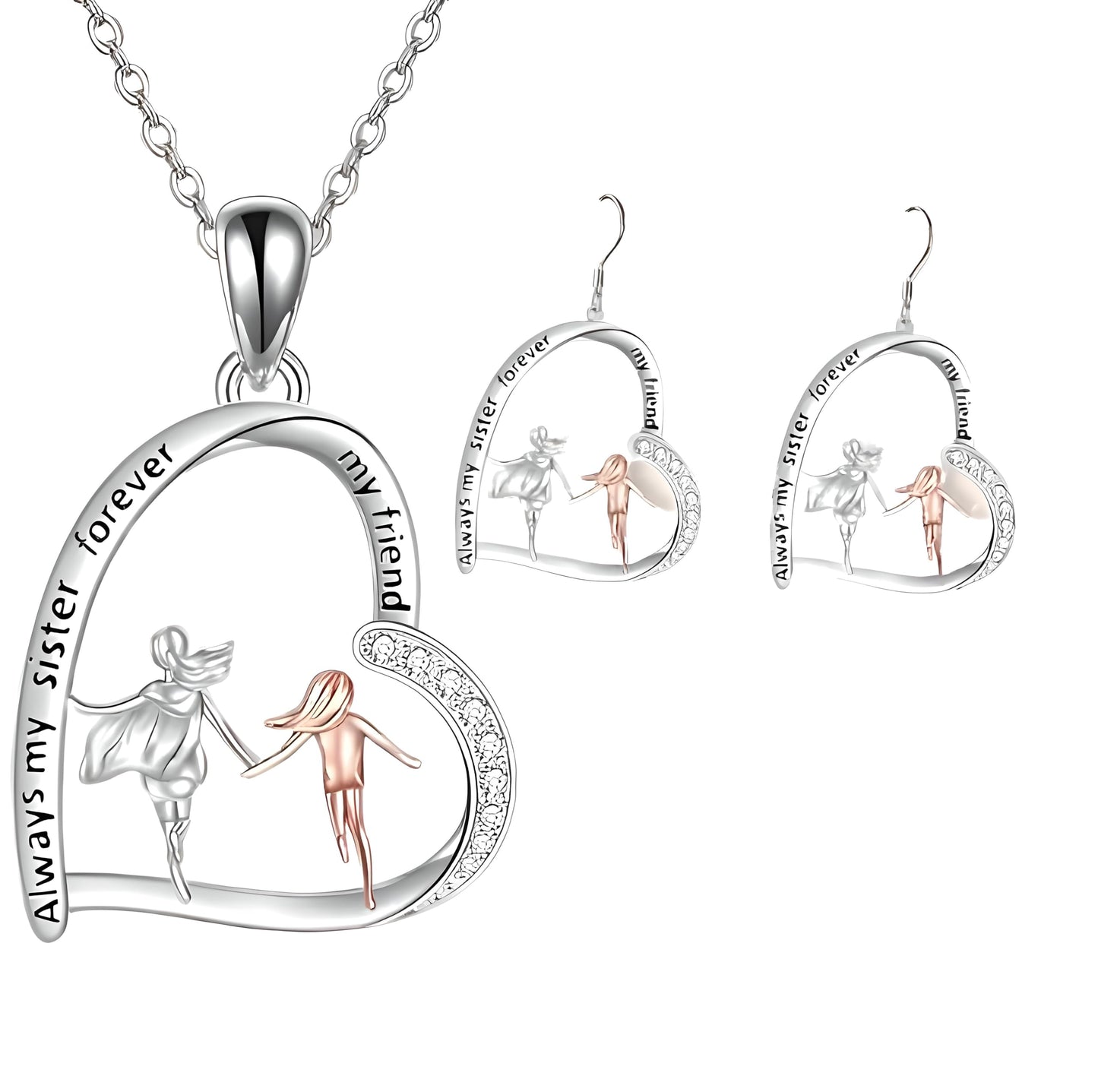 SUPAC Sister Forever Heart Necklace with Earrings Set, Silver-Tone with Clear Crystals