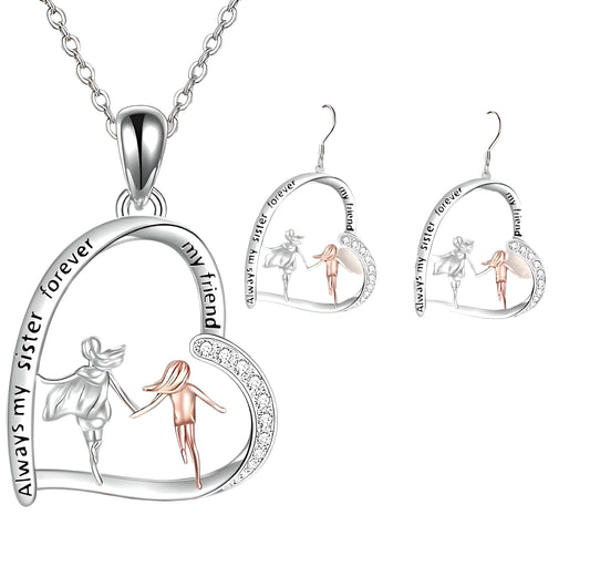 SUPAC Sister Forever Heart Necklace with Earrings Set, Silver-Tone with Clear Crystals