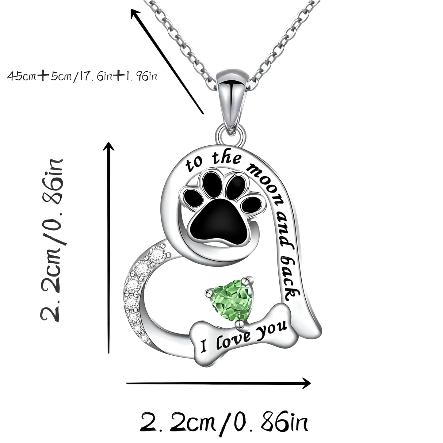 SUPAC Dog Paw Love Pendant Necklace, to the moon and back, I love you- Jewlery Gift for Birthdays or Christmas. Multiple Color Options of Simulated Diamond