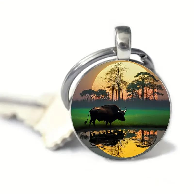 SUPAC Mountain Sunset Stained Glass Art Keychain, Nature Scene Design, Round Pendant (Buffalo Sunset)