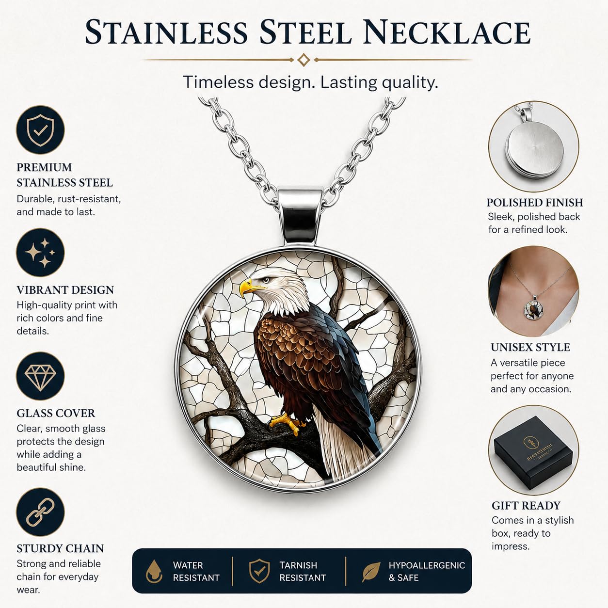 SUPAC Bald Eagle Glass Pendant Necklace, 1.38 inch Oval Medallion, 17.7 inch Chain - Eagle Necklace Gift