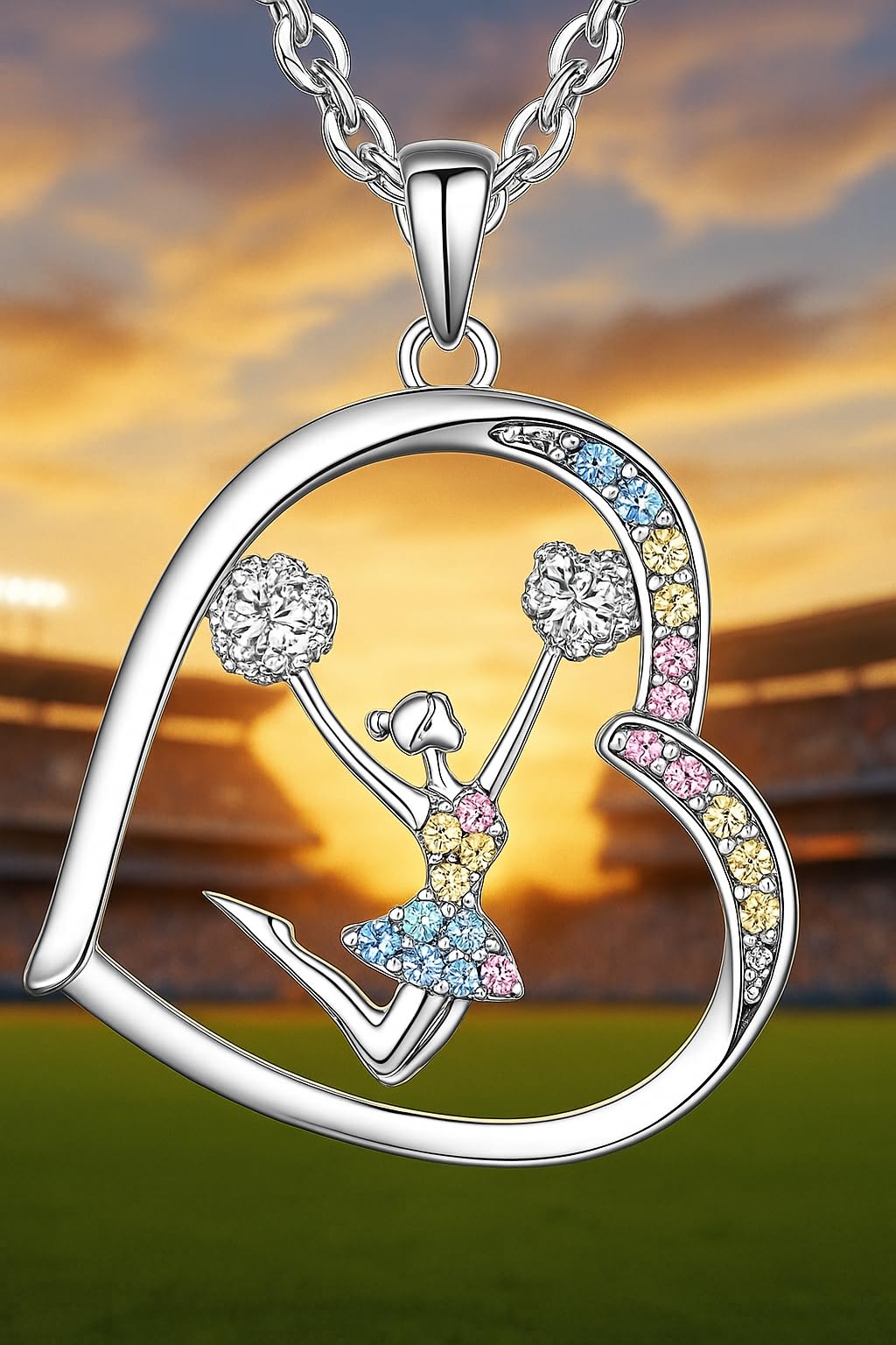 Sports Heart Necklace, 9 Different Sport Options: Basketball, Jumping Cheerleader, Gymnast, Softball, Volleyball, Ballet Ballerina, Runner, Sports Accessories Birthday Gift- Simulated Rainbow Diamonds, Christmas, Birthday or Party Gift