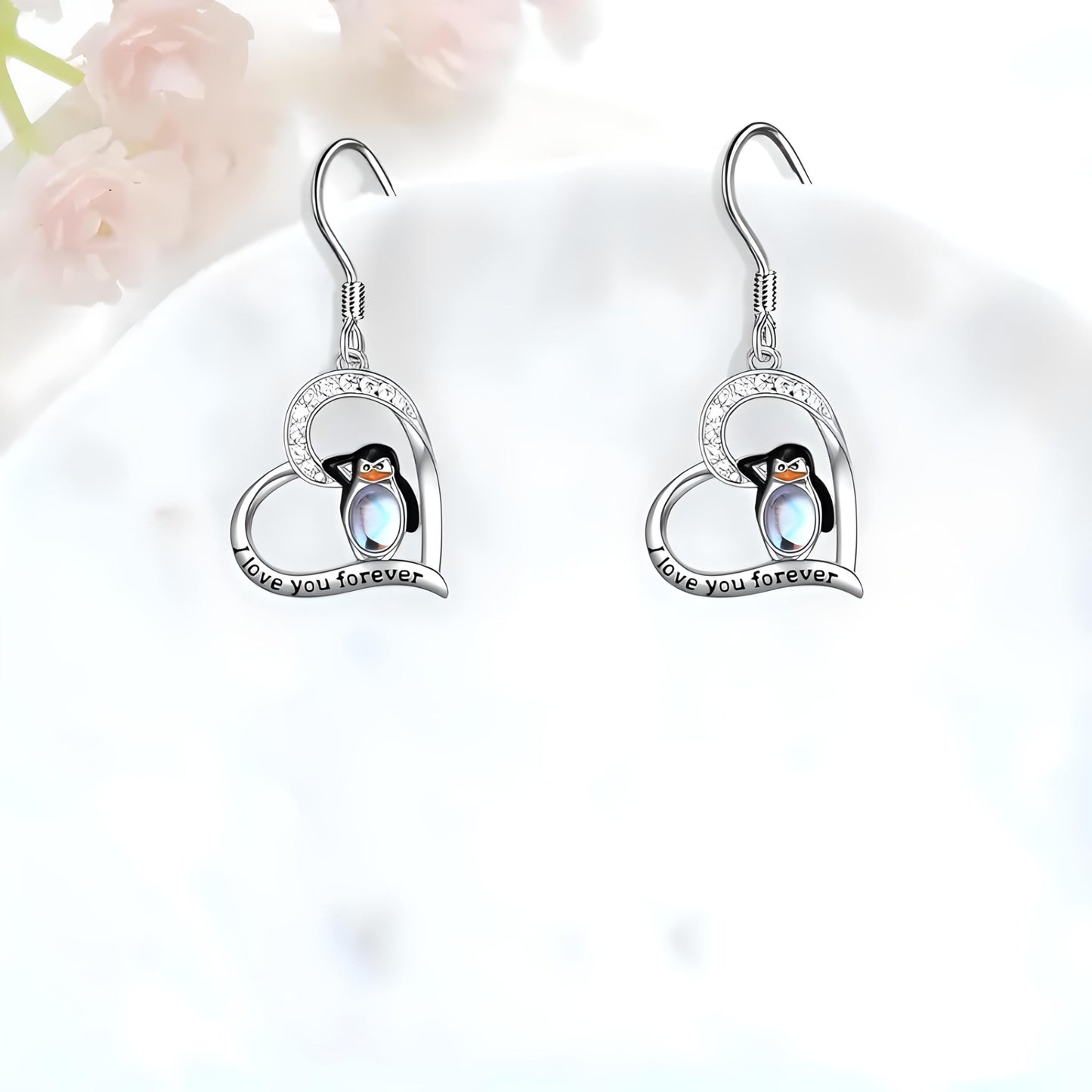 Sterling Silver Penguin Pendant Necklace with Opal Stone and CZ Accents, 'Love You Forever' Engraved - Happy Feet Penguin