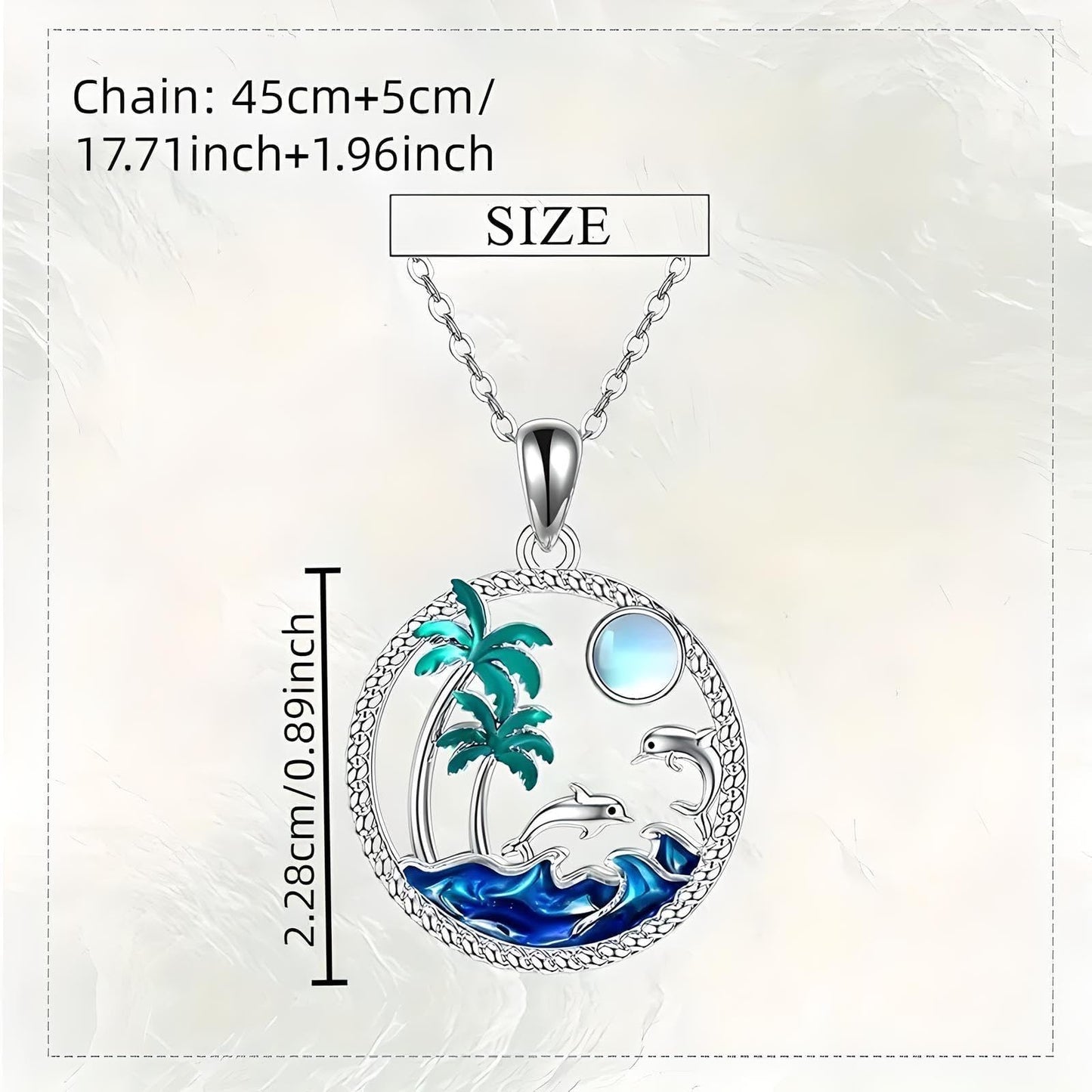 Tropical Beach Scene Pendant Necklace, Silver Chain with Dolphins and Palm Trees, Blue Ocean Wave Design, 17.7 + 2 Inch